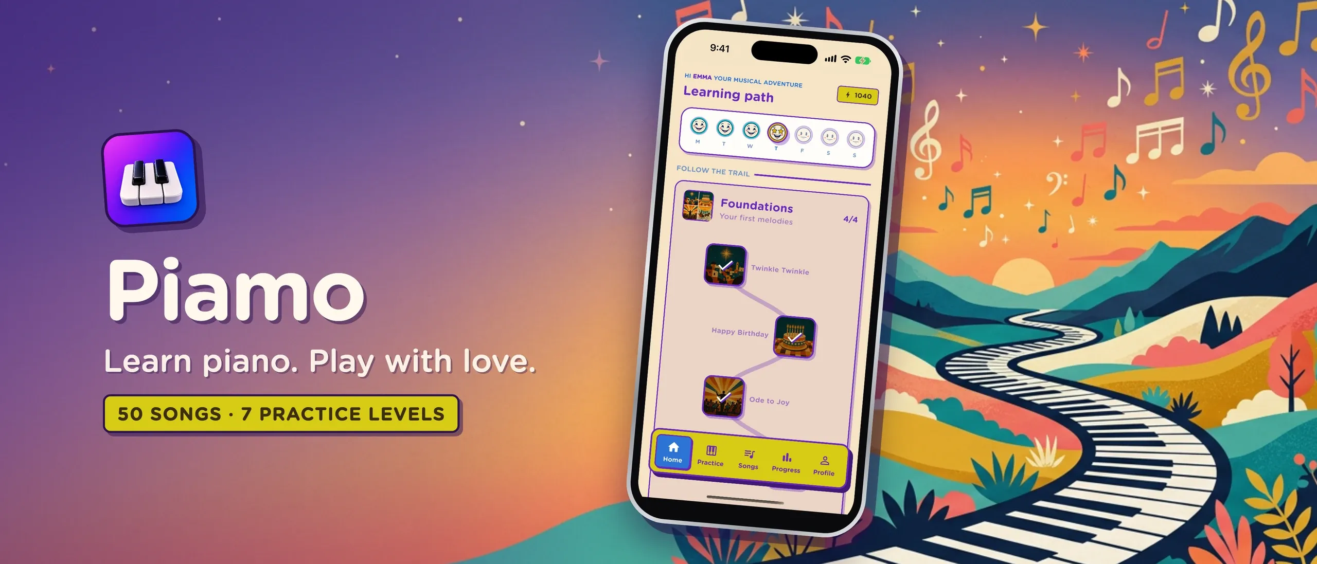 Piamo: Learn piano. Play with love. A retro trail of piano keys winds through colorful hills beside the app’s learning path.