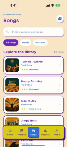 Piamo songs library screen
